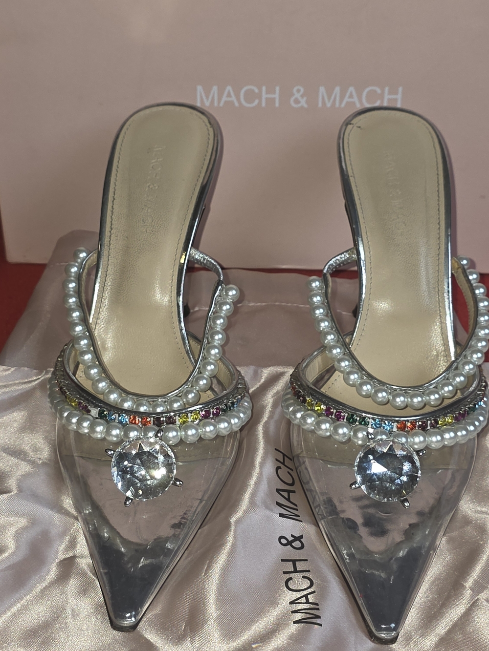 MACH & MACH Clear Pearl-Trimmed Pointed Mule with Multicolor Crystals